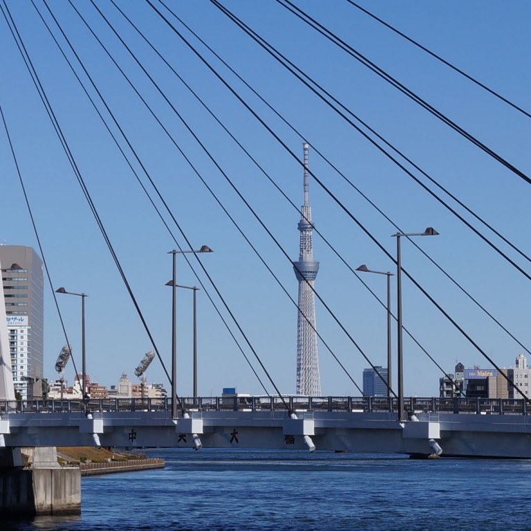 Башня Скай Три и опоры моста в районе Цкисима; Токио