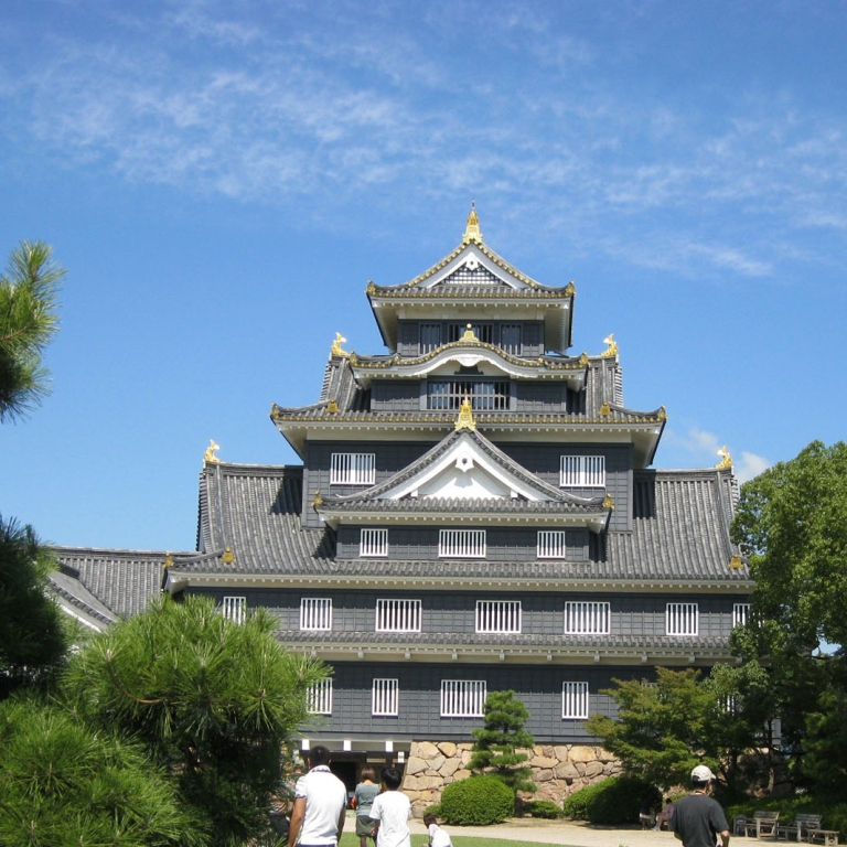 Выделяющийся серым цветом замок Окаяма; Окаяма