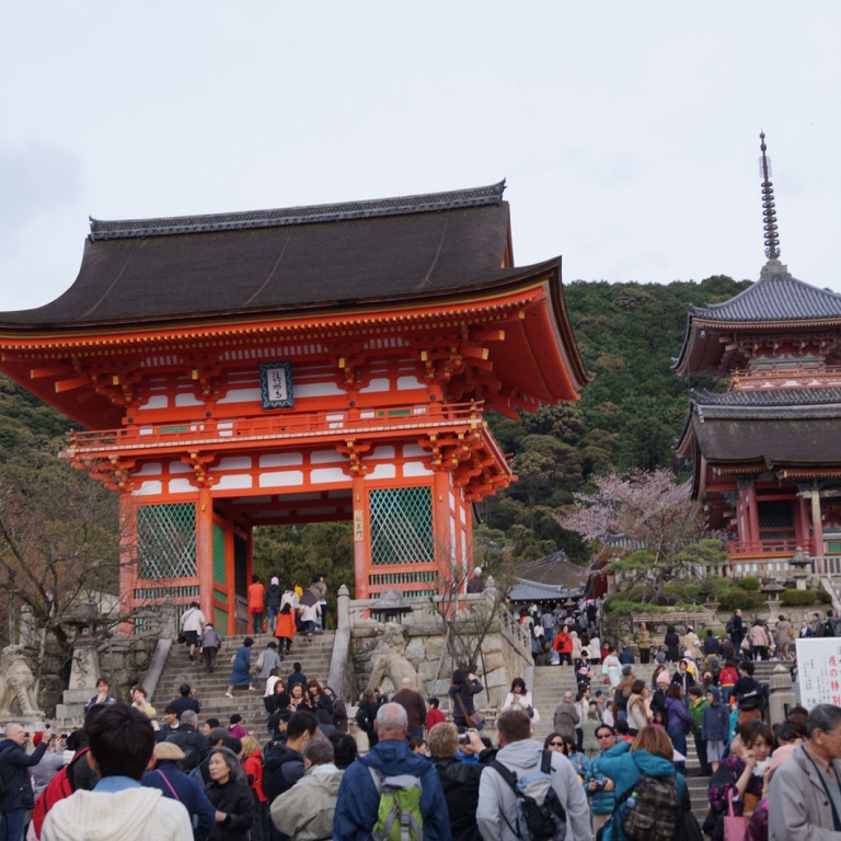 Столпотворение туристов перед входом в КиёмидзуДэра; Киото