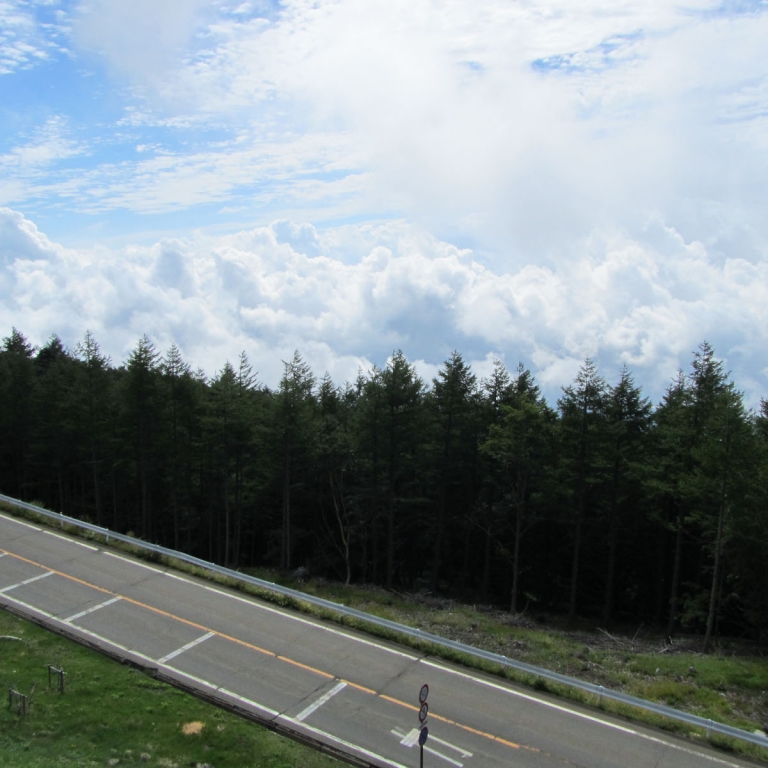 Стоянка на 5-ой базе шоссе Субару, облака ниже леса; Яманаси